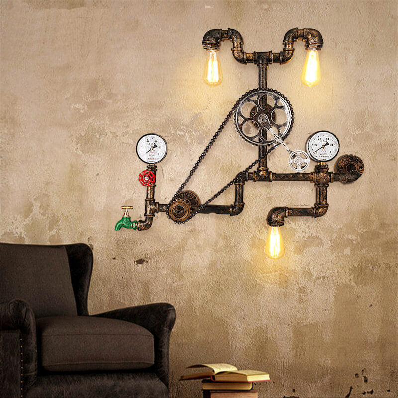 Contemporary Industrial Iron Plumbing Gear 3-Light Wall Sconce Lamp For Living Room