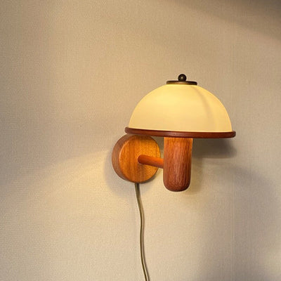 Traditional Japanese Wood Mushroom Design 1-Light Wall Sconce Lamp For Living Room