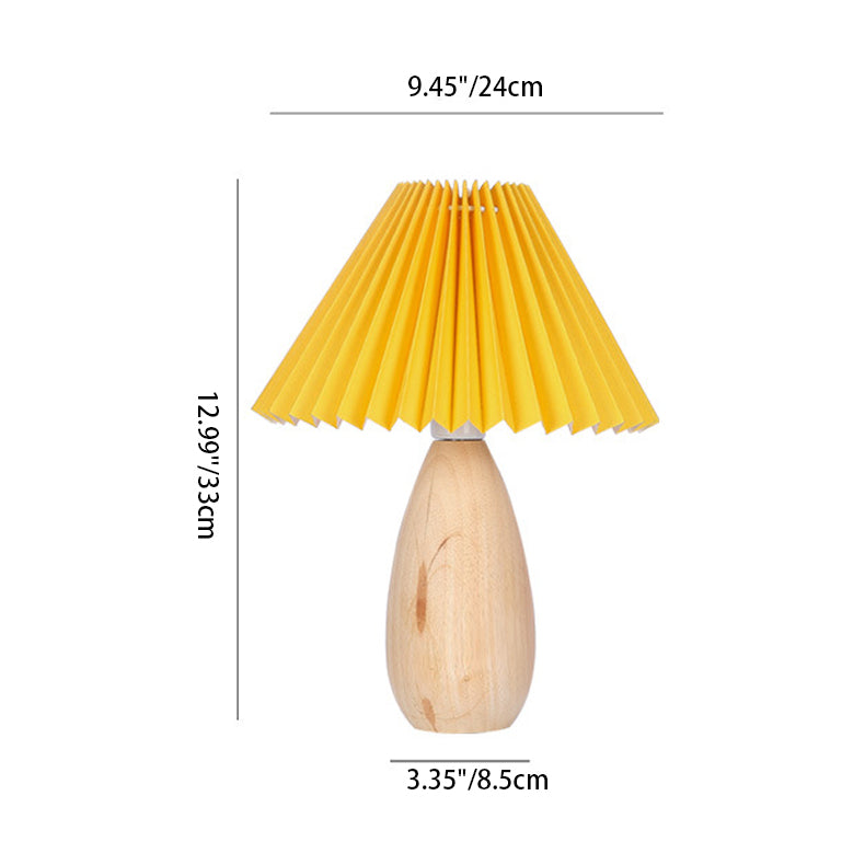 Zeitgenössische Retro Plissee Stoff Massivholz Basis 1-Licht Tischlampe für Schlafzimmer 