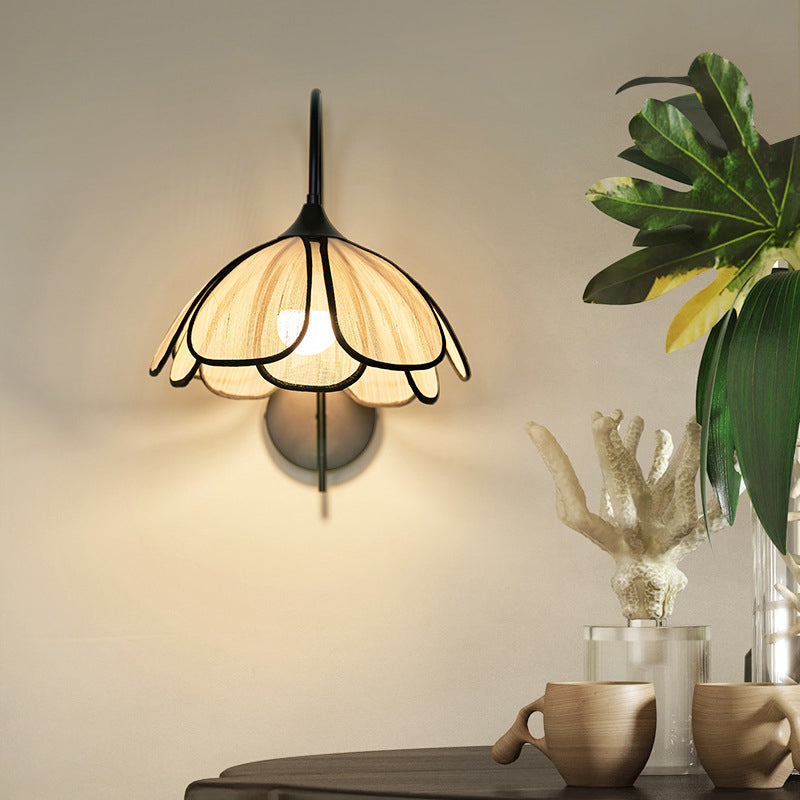 Traditional Japanese Flower Petal Shaped Iron Plant Fiber 1-Light Wall Sconce Lamp For Bedroom