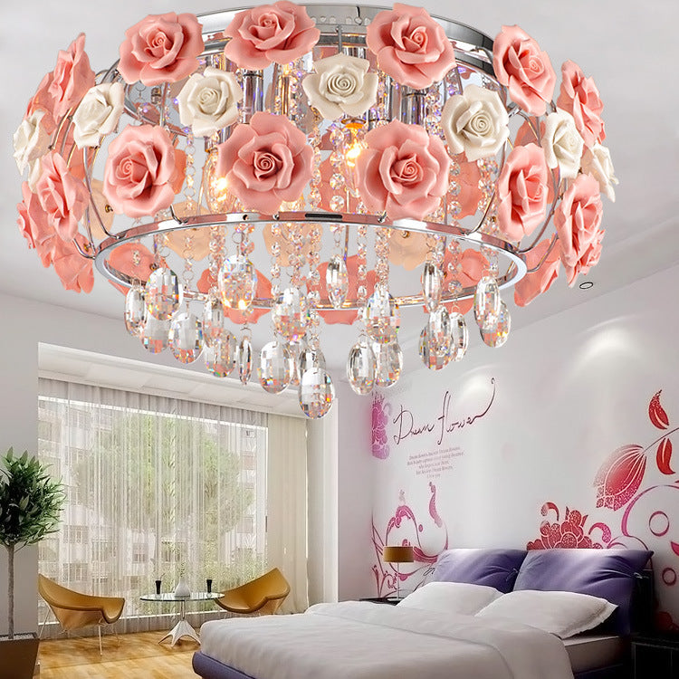 Modern Minimalist Rose Round Crystal Branch Crystal Iron 5/6 Light Flush Mount Ceiling Light For Bedroom