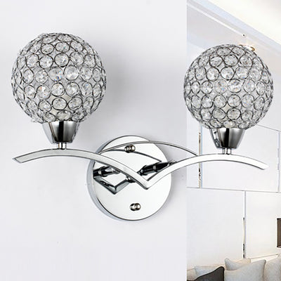 Contemporary Scandinavian Sphere Curved Disc Base Iron Crystal 1/2 Light Wall Sconce Lamp For Bedroom