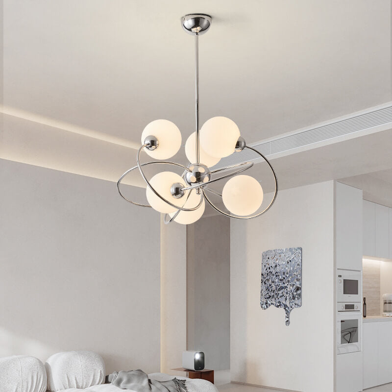 Modern Mid-Century Milk White Glass Ball Chrome Ring 6-Light Chandelier For Living Room