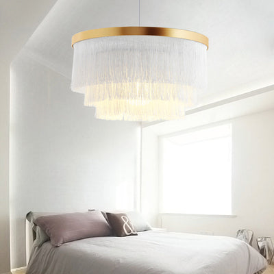 Contemporary Scandinavian Tassel Round Silk Polyester Iron 1-Light Pendant Light For Bedroom