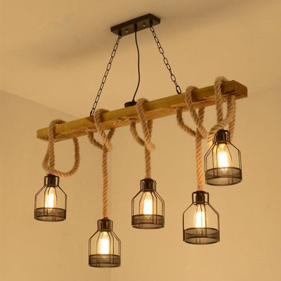 Traditional Rustic Wooden Beams Iron Cage Shade 5-Light Island Light Chandelier For Dining Room