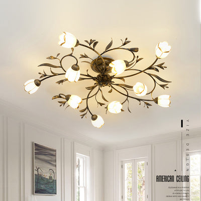 Traditional French Flower Shaped Iron Glass 4/6/8/10/12 Light Semi-Flush Mount Ceiling Light For Bedroom