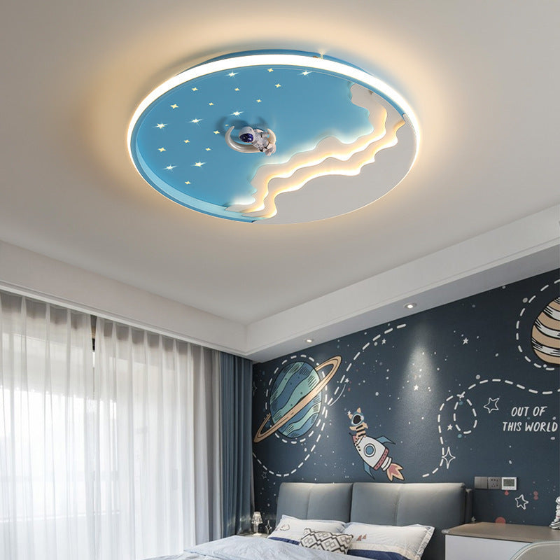 Contemporary Creative Kids Round Cloud Astronaut Iron LED Flush Mount Ceiling Light For Bedroom