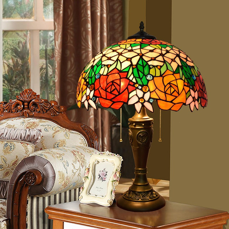 Traditional Tiffany Rose Umbrella Resin Stained Glass 2-Light Table Lamp For Bedroom