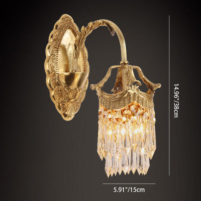 Traditional French Carved Leaf Brass Crystal 1/2 Light Wall Sconce Lamp For Bedroom