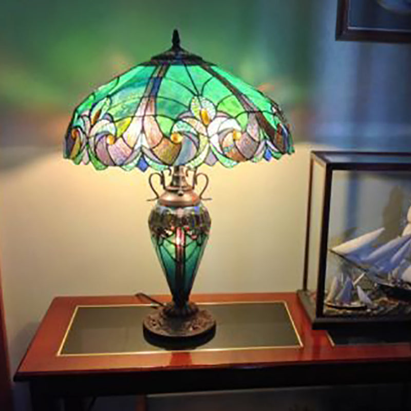 Traditional Tiffany Stained Glass Green Peacock 1-Light Table Lamp For Living Room