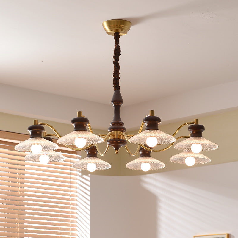 Traditional Vintage Brass Iron Ash Wood Glass Round Bowl 3/6/8 Light Chandeliers For Dining Room