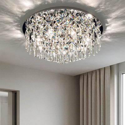 Contemporary Luxury Dazzling Prismatic Crystal Strings Stainless Steel Round Frame 2/6/8-Light Flush Mount Ceiling Light For Living Room