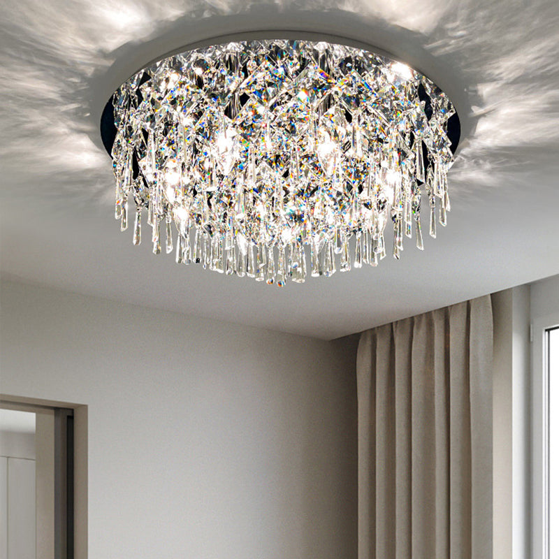 Contemporary Luxury Dazzling Prismatic Crystal Strings Stainless Steel Round Frame 2/6/8-Light Flush Mount Ceiling Light For Living Room