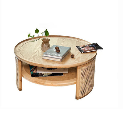 Traditional Japanese Round Wood Weaving Coffee Table For Living Room