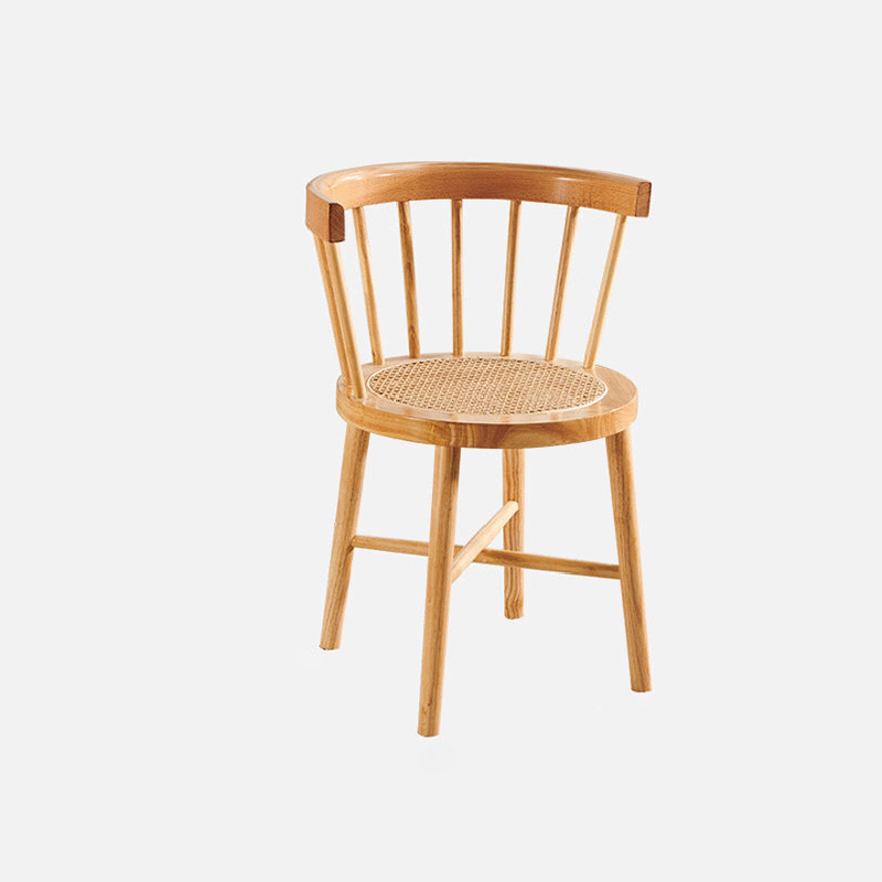 Traditional Chinese Bent Round Rattan Solid Wood Dining Chair Backrest Armless For Dining Room