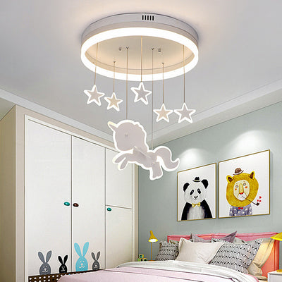 Contemporary Nordic Kids Iron Acrylic Round Unicorn Star LED Flush Mount Ceiling Light For Bedroom