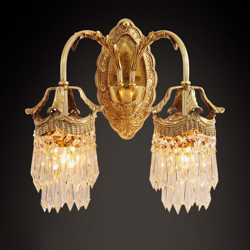 Traditional French Carved Leaf Brass Crystal 1/2 Light Wall Sconce Lamp For Bedroom