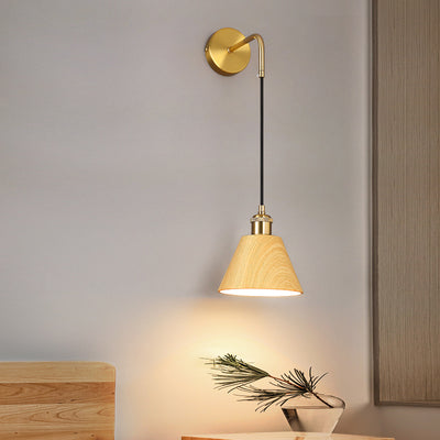 Modern Minimalist Round Table Cylinder Iron Walnut Woodgrain 1-Light Wall Sconce Lamp For Bedroom