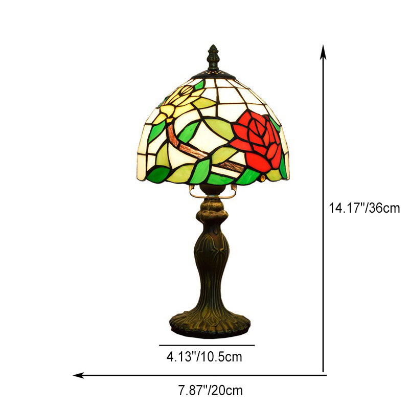 Traditional Tiffany Stained Glass Rose Flower Cone Dome 1-Light Table Lamp For Bedroom