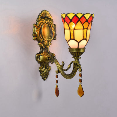 Traditional Tiffany Flower Iron Crystal Stained Glass 1-Light Wall Sconce Lamp For Living Room