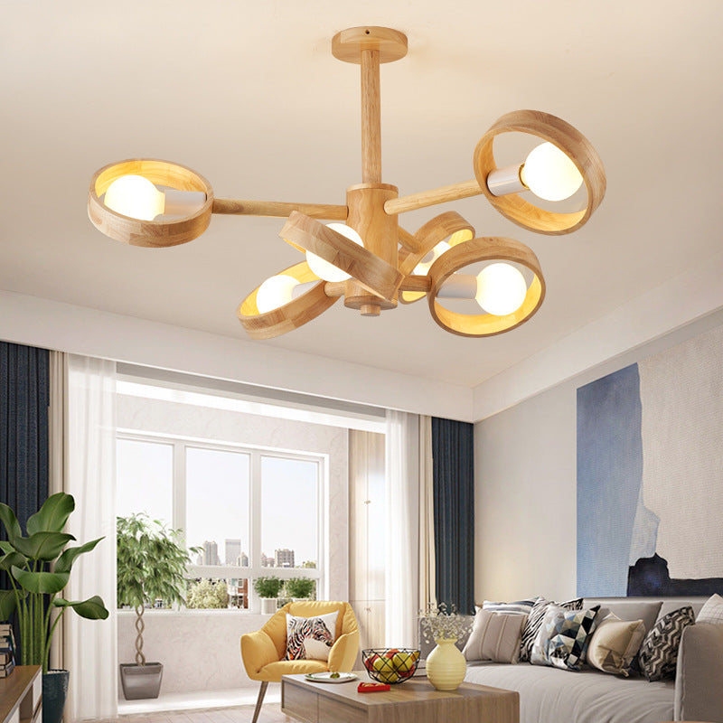 Contemporary Nordic Round Rotatable Rubber Wood 6/8 Light Chandeliers For Living Room