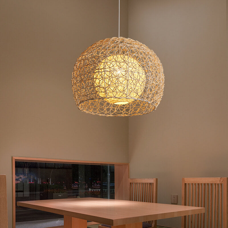 Contemporary Boho Round Rattan Weaving 1-Light Pendant Light For Dining Room