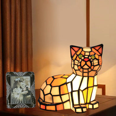 Lampe de table traditionnelle à 1 lumière en forme de chat en vitrail Tiffany pour chambre à coucher