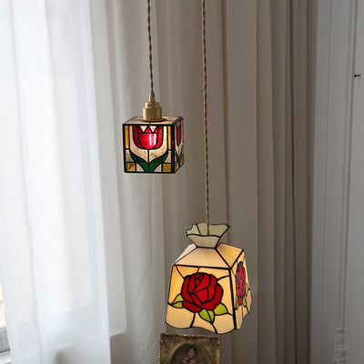 Traditional Tiffany Square Tulip Red Rose Rubik's Cube Brass Stained Glass 1-Light Pendant Light For Living Room