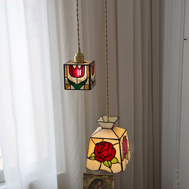 Traditional Tiffany Square Tulip Red Rose Rubik&