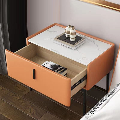 Contemporary Scandinavian Rectangular Slab Wood Leather Carbon Alloy Nightstand 1-Drawer Mobile Phone Wireless Charging For Bedside