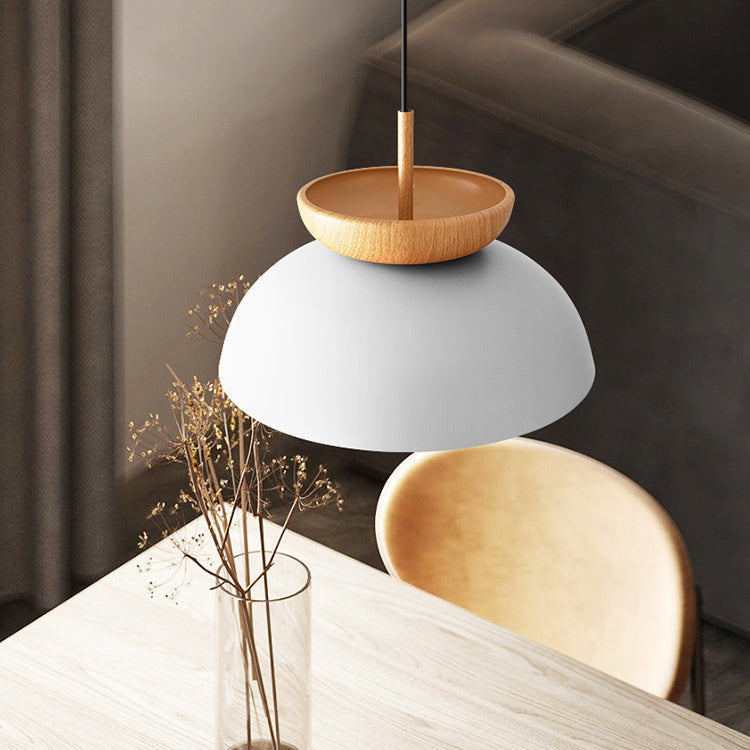 Modern Minimalist Round Bowl Wood Iron 1-Light Pendant Light For Living Room