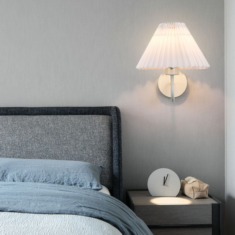 Modern Minimalist Pleated Disc Base Iron Fabric 1-Light Wall Sconce Lamp For Bedroom