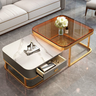 Modern Luxury Square Glass Top Nesting Coffee Table Drawer For Living Room