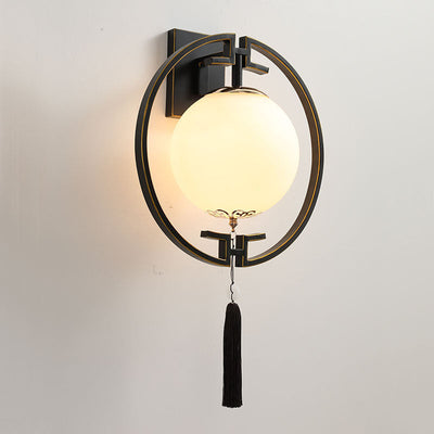 Traditional Chinese Iron Glass Round Ball 1-Light Wall Sconce Lamp For Hallway