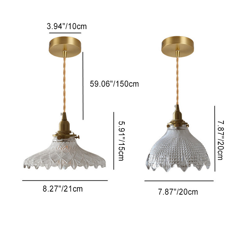 Traditional Japanese Round Flower Glass Brass Iron 1-Light Pendant Light For Living Room