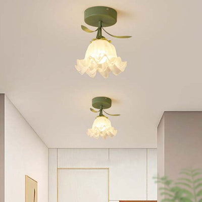 Contemporary Creative Cream Flower Pod Flower Globe Iron Glass 1-Light Semi-Flush Mount Ceiling Light For Hallway