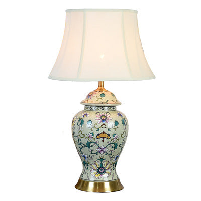 Contemporary Retro Lotus Leaves Pattern Ceramic Linen 1-Light Table Lamp For Bedroom