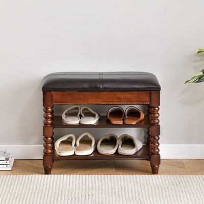 Traditional European Rectangular Wood Leather Vanity Stool Backless Armless For Living Room