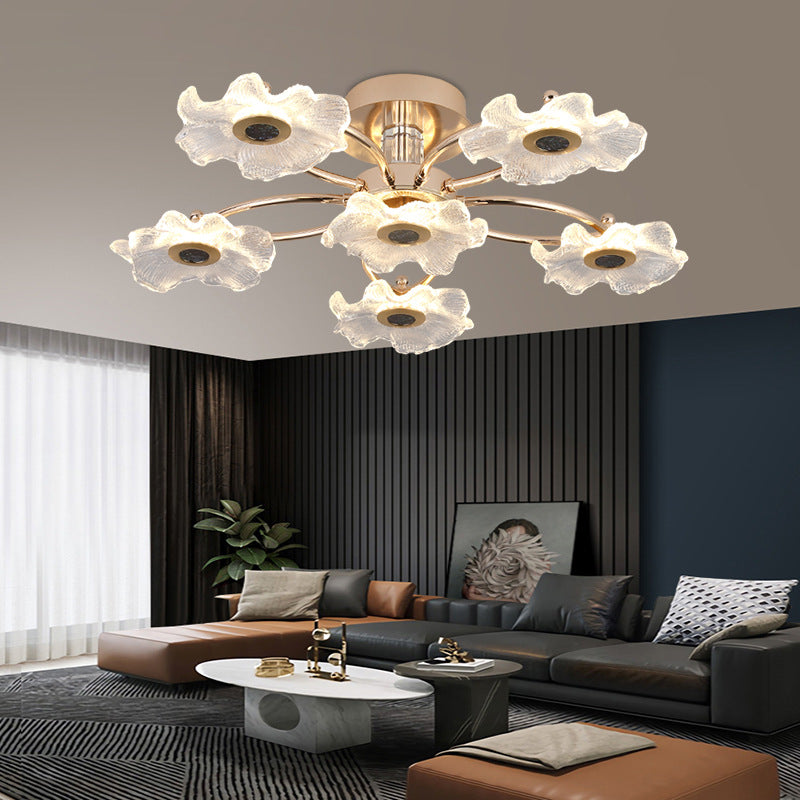 Contemporary Luxury Gold Finish Frame Enamel Bauhinia Glass Shade LED Semi-Flush Mount Ceiling Light For Living Room