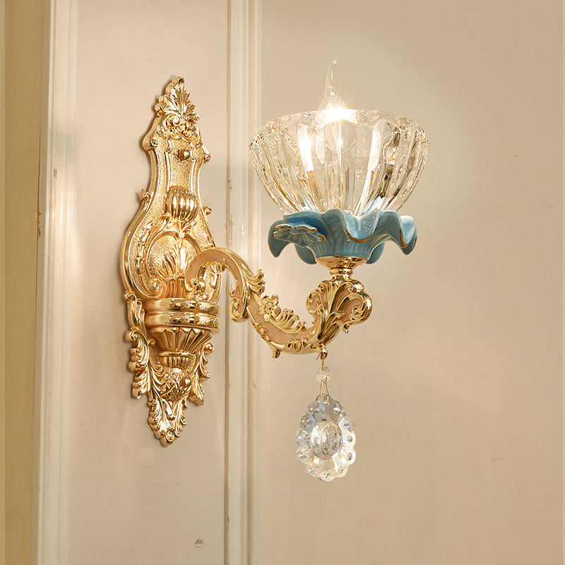 Traditional European Flower Petal Zinc Alloy Crystal Glass 1/2 Wall Sconce Lamp For Living Room