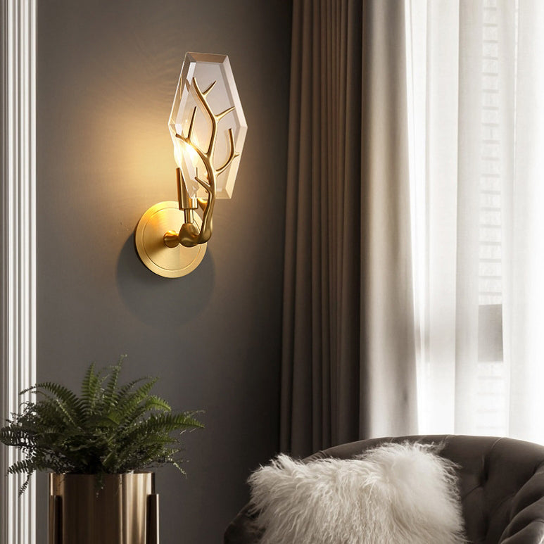 Contemporary Luxury Copper Crystal Polygon Branch 1-Light Wall Sconce Lamp For Living Room