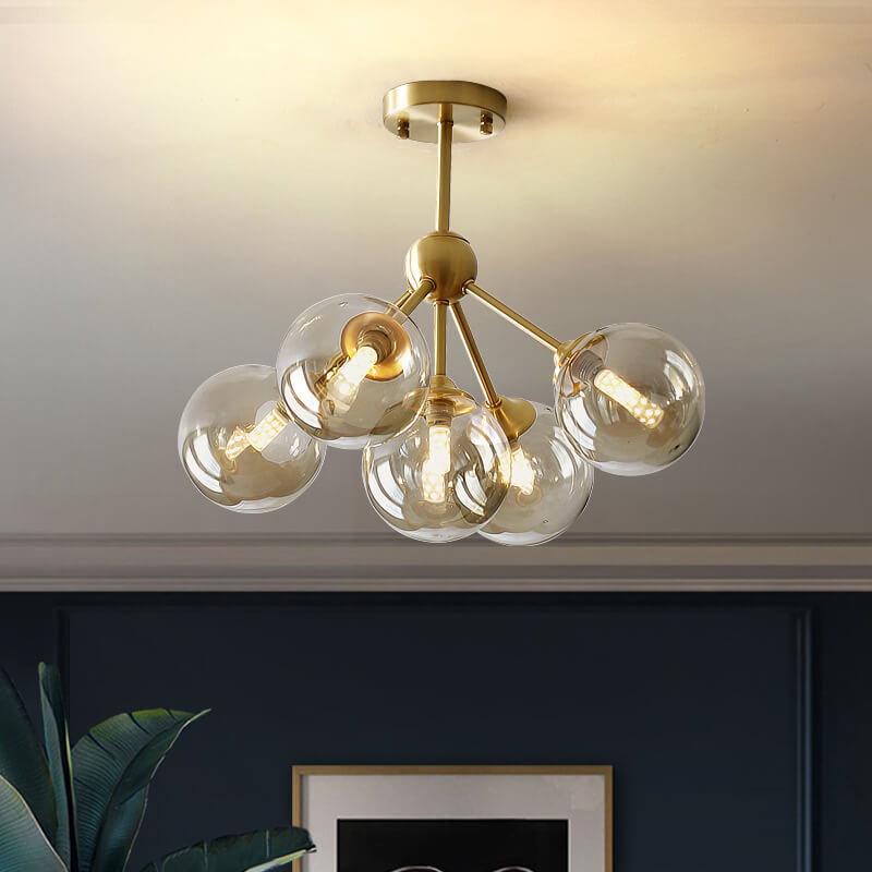 Modern Minimalist Branch Multi Orb All Copper Glass 3/5 Light Semi-Flush Mount Ceiling Light For Living Room