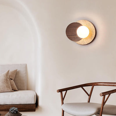 Modern Minimalist Round Wood Stone 1-Light Wall Sconce Lamp