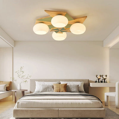 Contemporary Creative Windmill Orb Wood Iron Glass 4-Light Flush Mount Ceiling Light For Bedroom