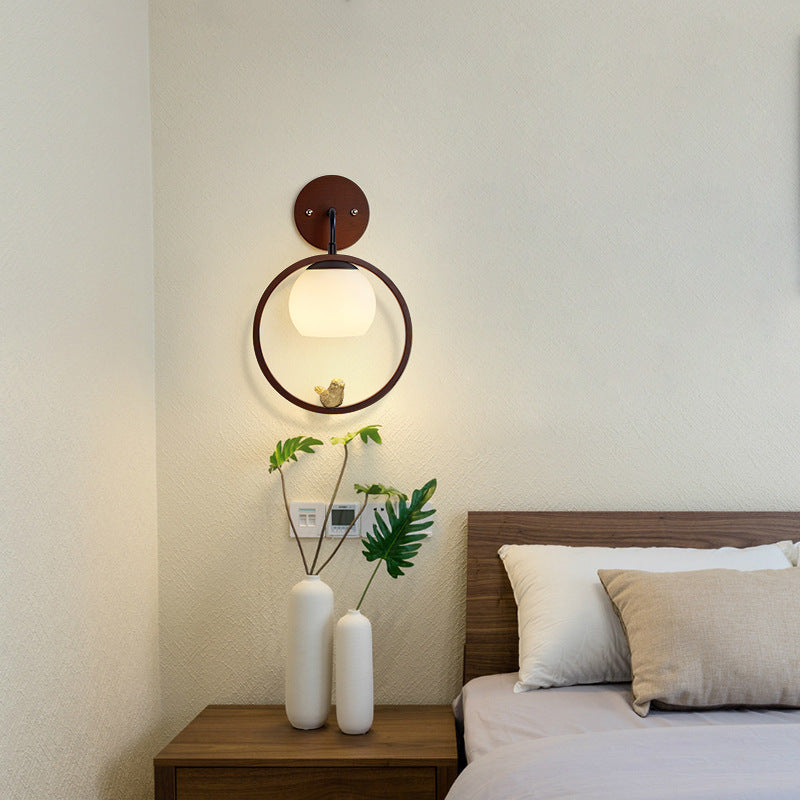 Modern Minimalist Circle Bird Wood Glass 1-Light Wall Sconce Lamp For Bedroom