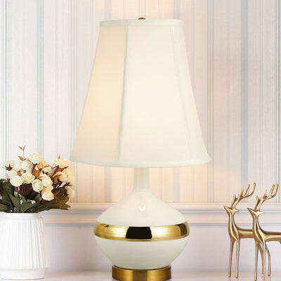 European Light Luxury Pleated Fabric Cone Ceramic Round Base 1-Light Table Lamp