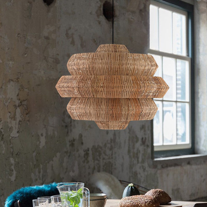 Contemporary Boho Multi Layered Round Rattan Woven 1-Light Chandelier For Living Room