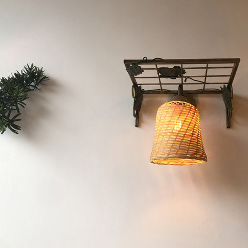 Traditional Rustic Rectangular Grid Cylinder Iron Bamboo Woven 1-Light Wall Sconce Lamp For Living Room