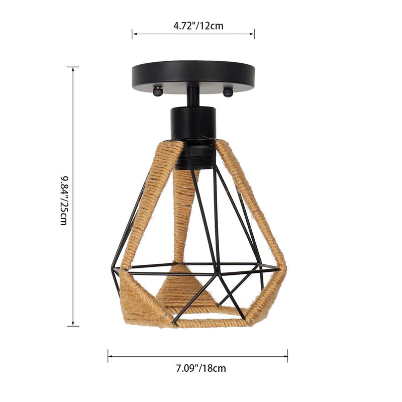 Traditional Rustic Hemp Rope Weaving Iron Diamond Frame 1-Light Semi-Flush Mount Ceiling Light For Living Room