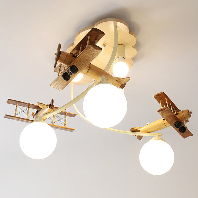 Contemporary Nordic Kids Iron Rubber Wood Glass Plane Cloud Ball 6-Light Flush Mount Ceiling Light For Bedroom